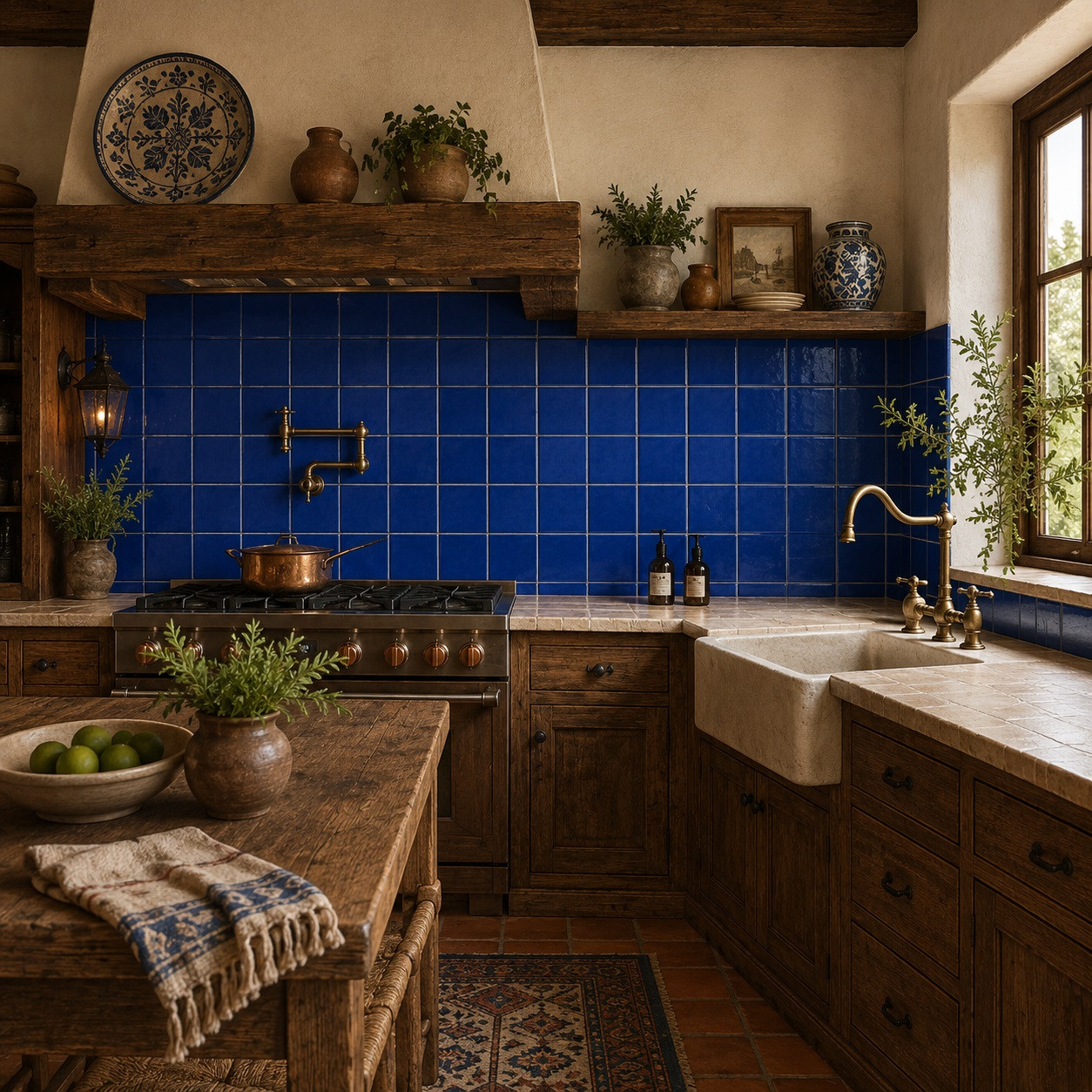 Washed blue Mexican talavera tiles installed as a rustic kitchen backsplash with warm wood cabinetry