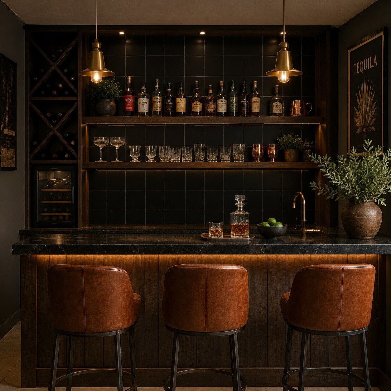 Solid black Mexican tiles enhancing a home bar area with copper accents and artisan character