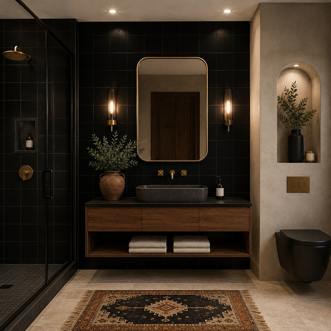 Solid black Mexican tiles creating a dramatic bathroom accent wall with elegant contemporary styling