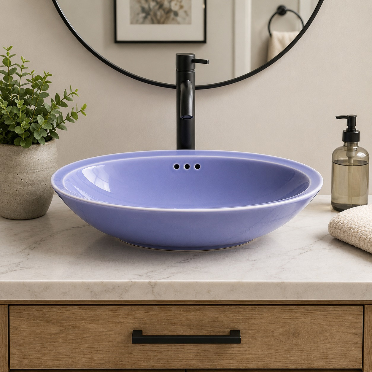 Double sided hand painted oval bathroom sink blue in a Spanish Revival bathroom vanity