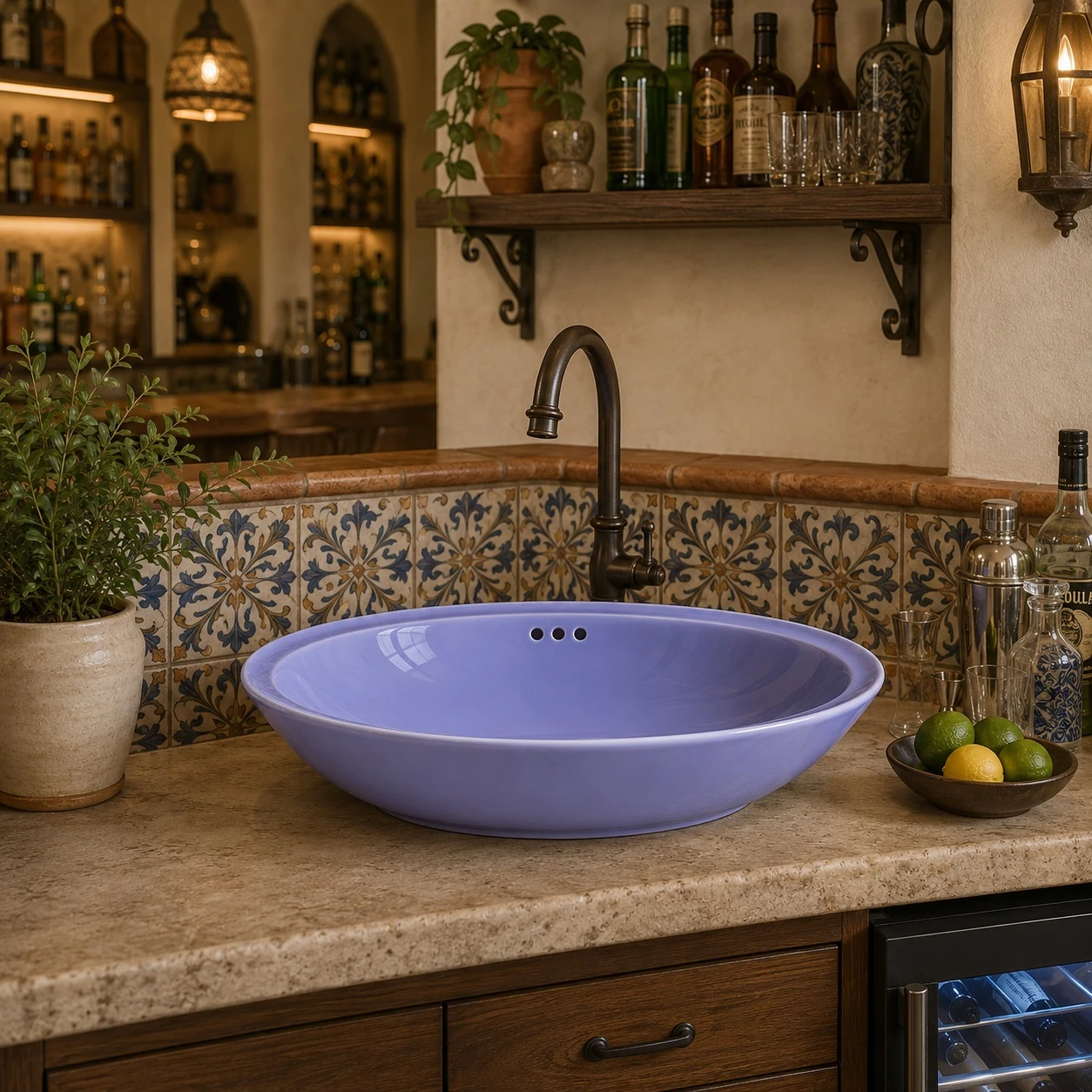 Double sided hand painted oOval bathroom sink blue installed in an elegant kitchen bar setting