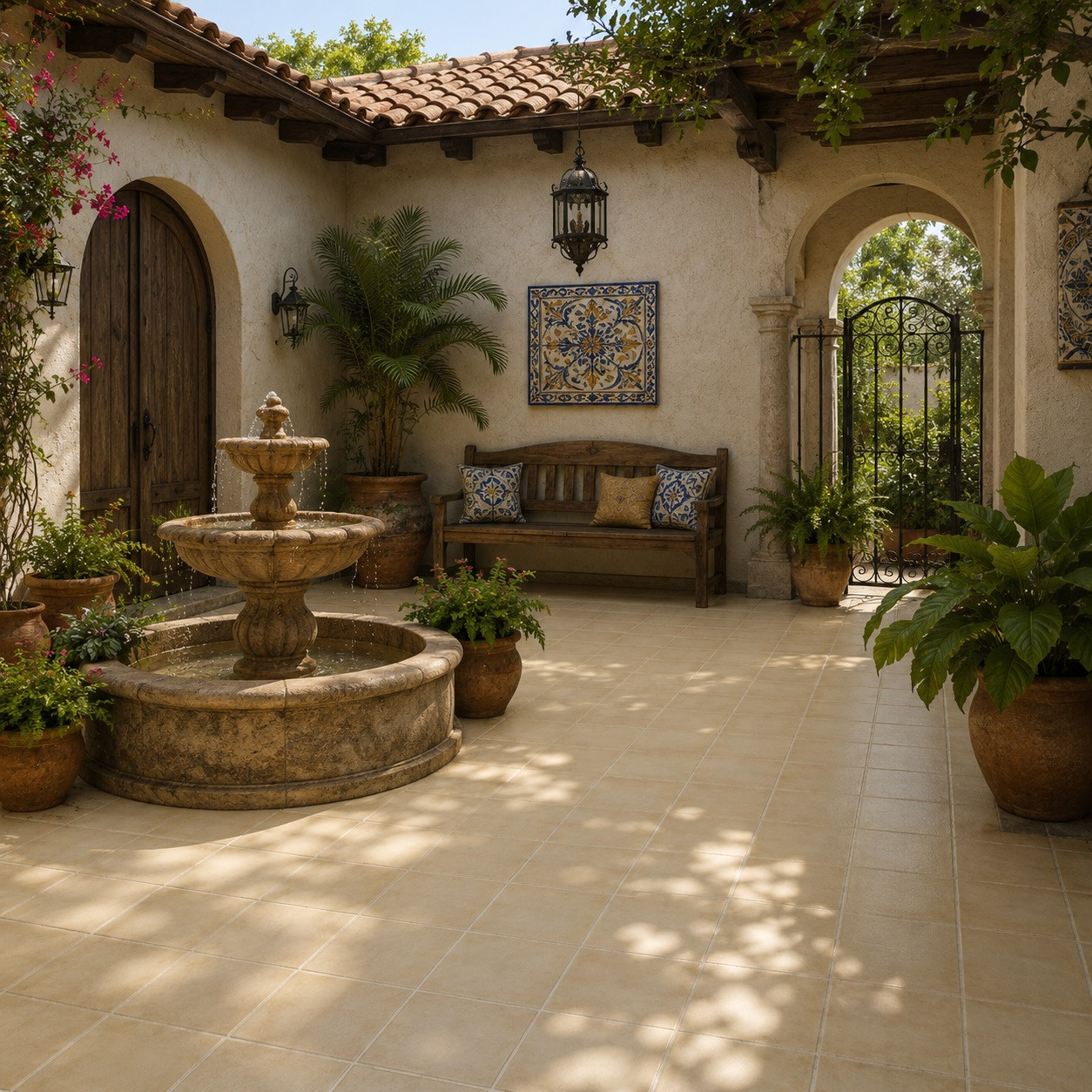 Washed baggie Mexican talavera tiles enhancing a Spanish courtyard with stucco and stone details