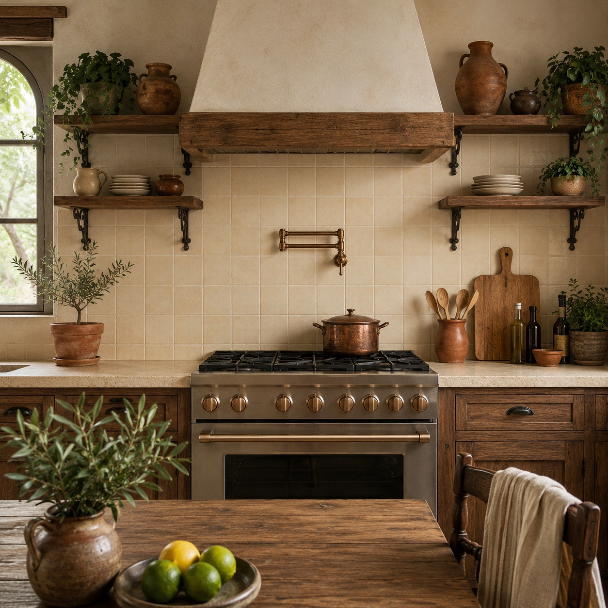 Washed baggie Mexican talavera tiles installed as a rustic kitchen backsplash with warm wood finishes