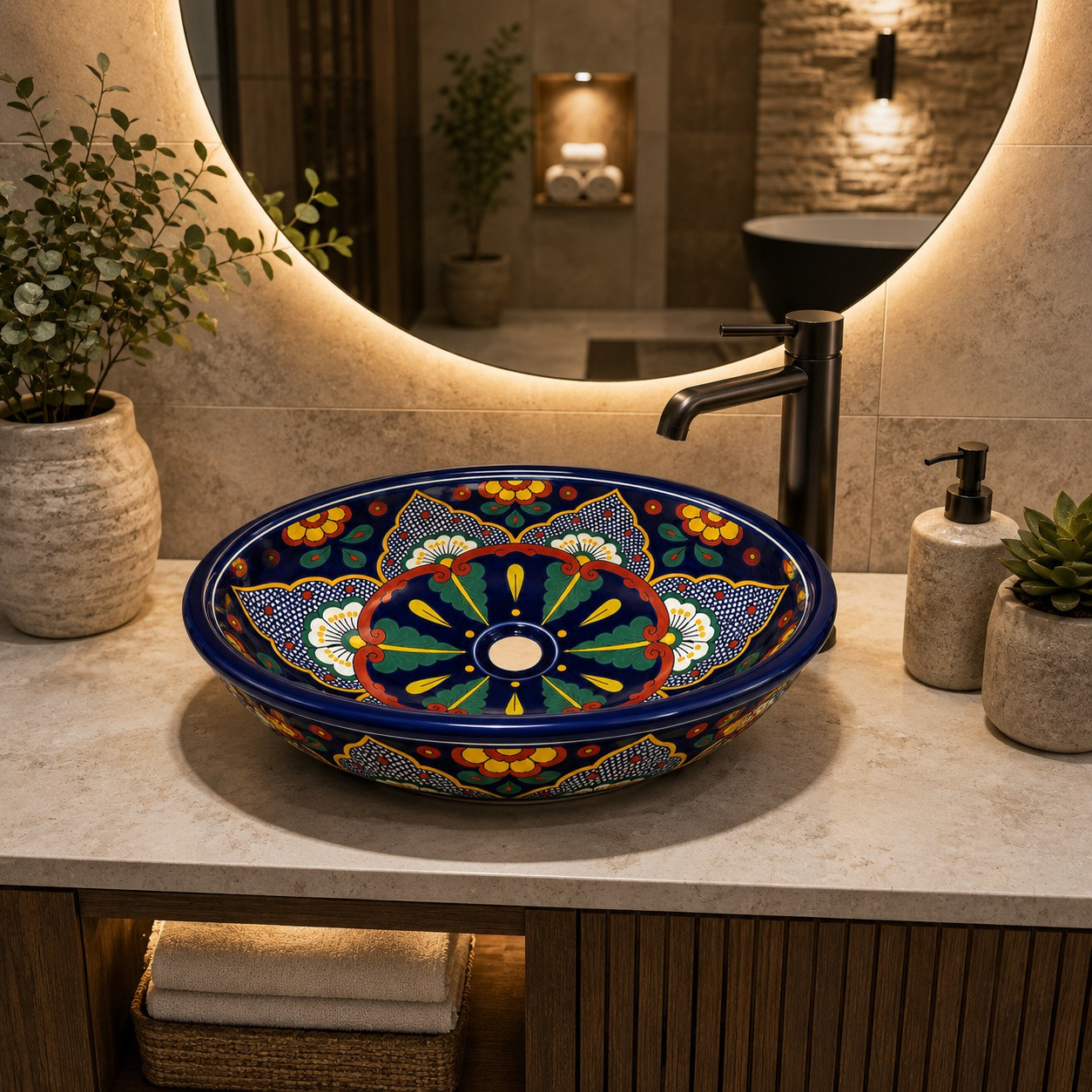 Double sided hand painted oval bathroom sink talavera in modern spa bathroom with stone vanity