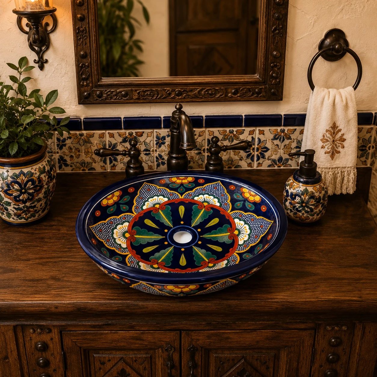 Double sided hand painted oval bathroom sink talavera in Spanish Revival vanity with artisan tile wall