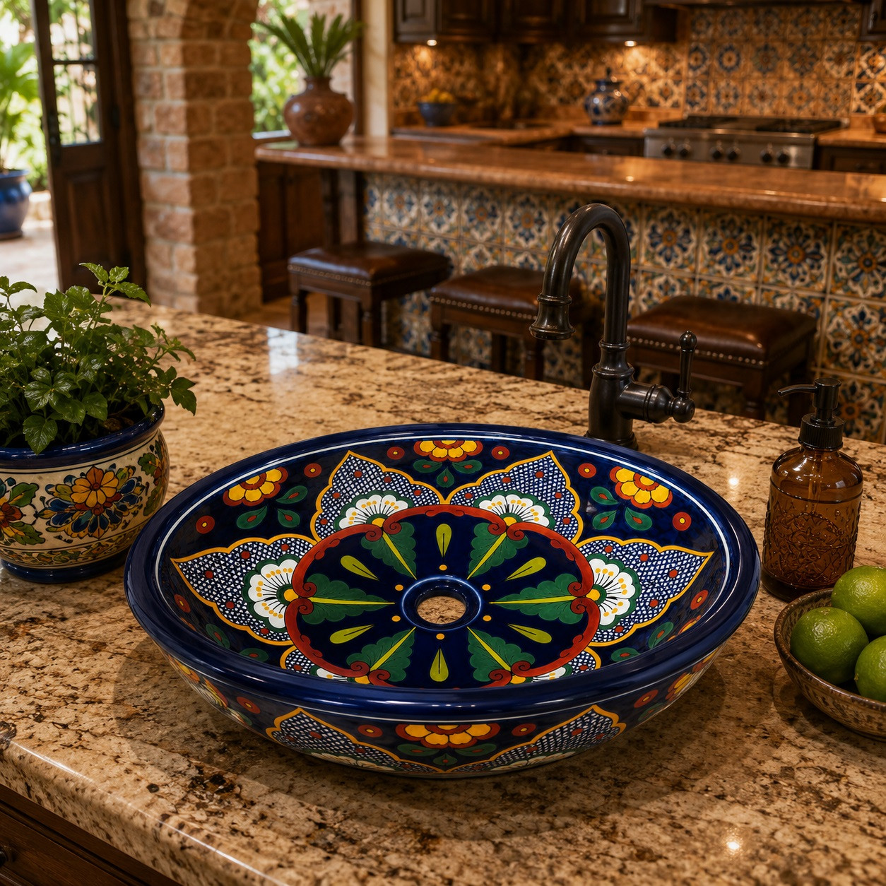 Double sided hand painted oval bathroom sink talavera in rustic kitchen bar with Mexican decor