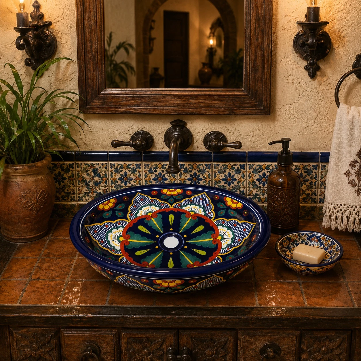 Double sided hand painted oval bathroom sink talavera in hacienda style powder room interior