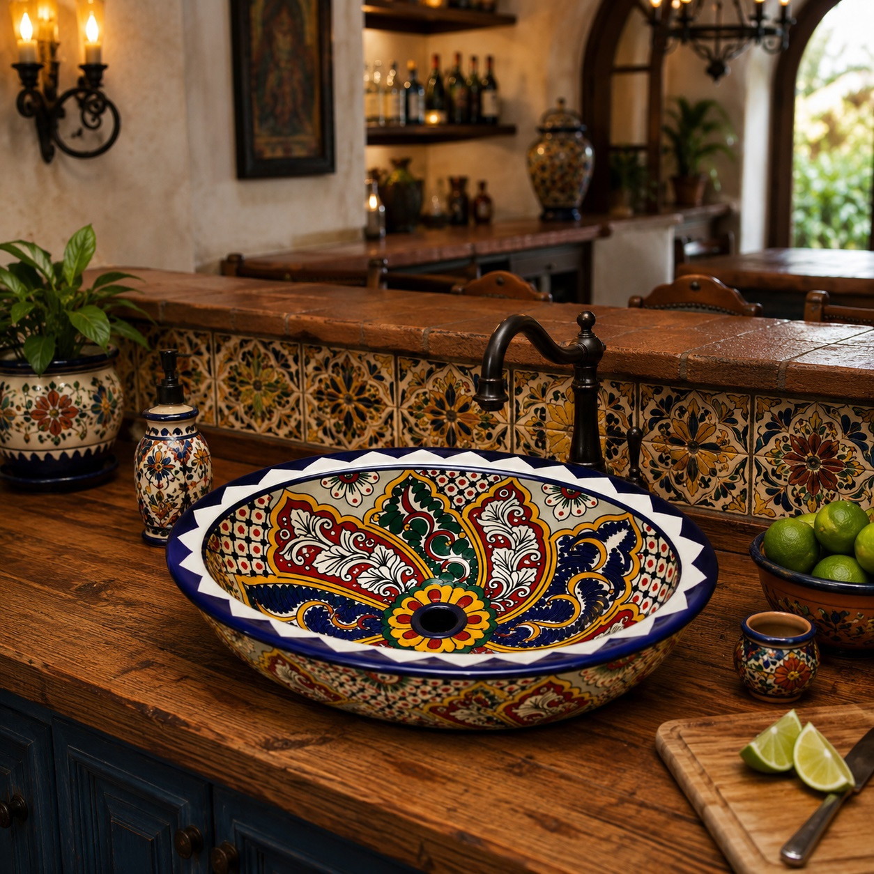 Double sided hand painted oval baroque bathroom sink in rustic kitchen bar interior