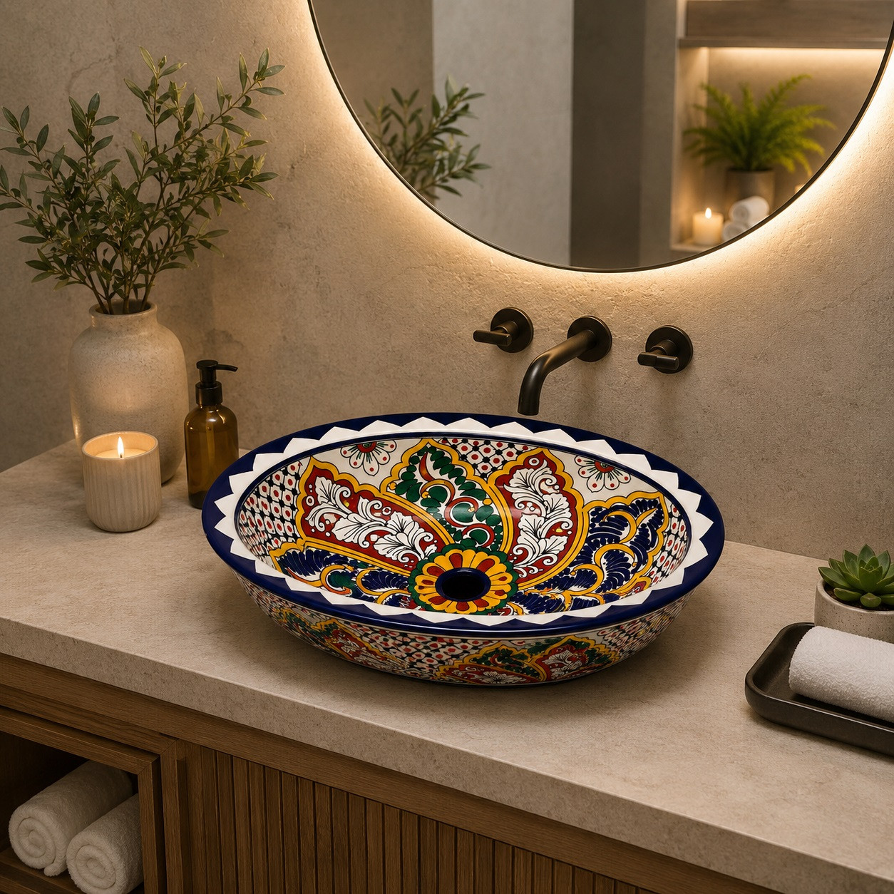 Double sided hand painted oval baroque bathroom sink in modern spa bathroom interior
