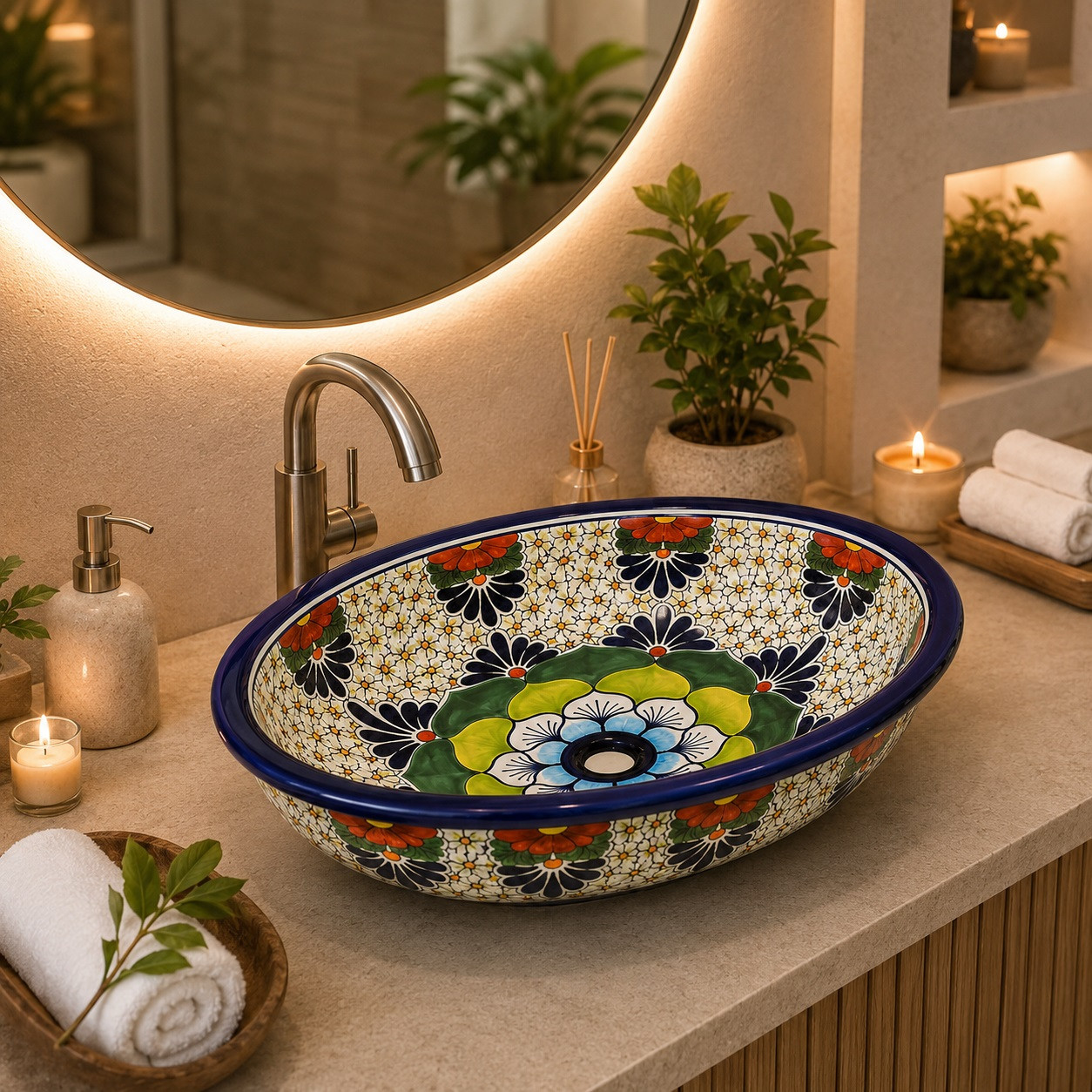 Double sided hand painted oval floral talavera bathroom sink in modern spa bathroom with natural stone vanity