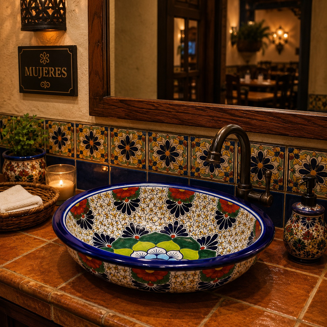 Double sided hand painted oval floral talavera bathroom sink in restaurant restroom with Mexican decor