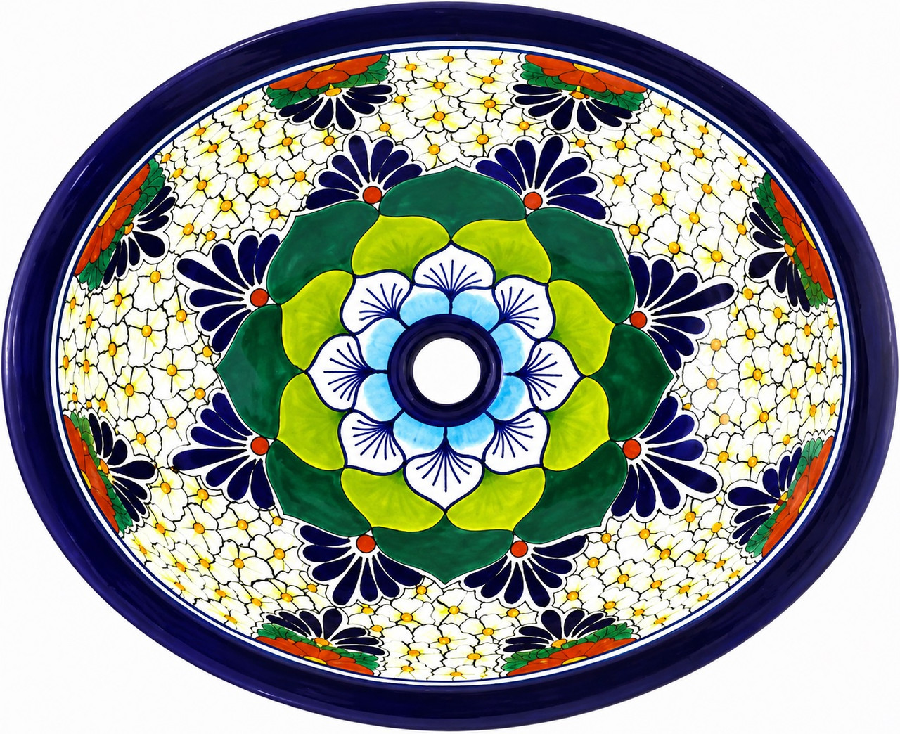 Double sided hand painted oval floral talavera bathroom sink overflow holes