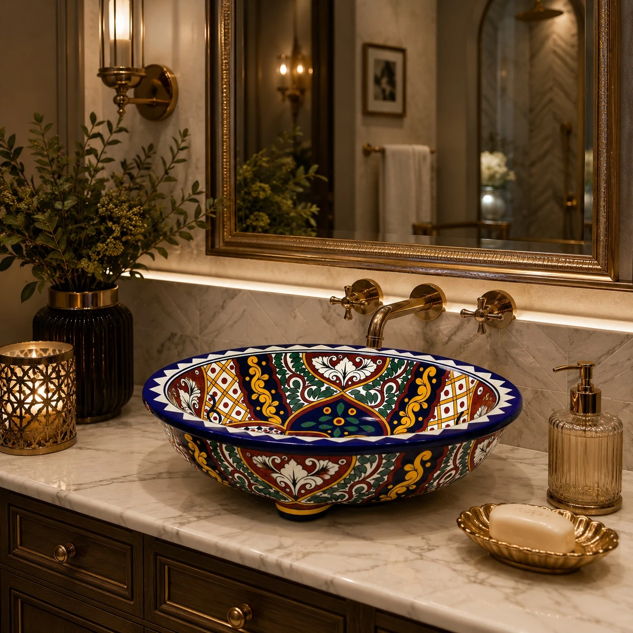 Double sided hand painted oval bathroom sink baroque floral in luxury bathroom interior