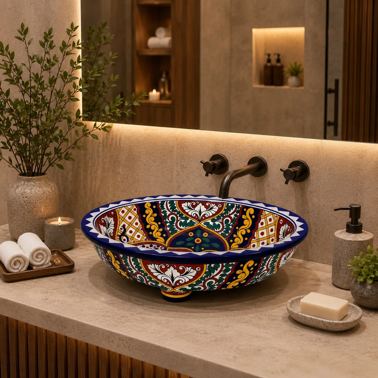 Double sided hand painted oval bathroom sink baroque floral in modern spa bathroom