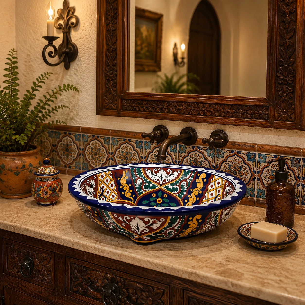 Double sided hand painted oval bathroom sink baroque floral in Spanish Revival vanity