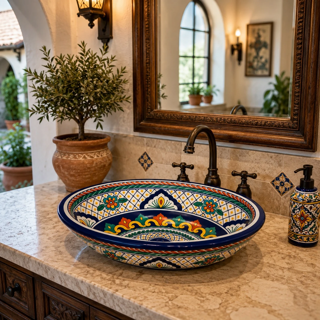 Double sided hand painted oval bathroom sink arabesque pattern in Mediterranean house vanity