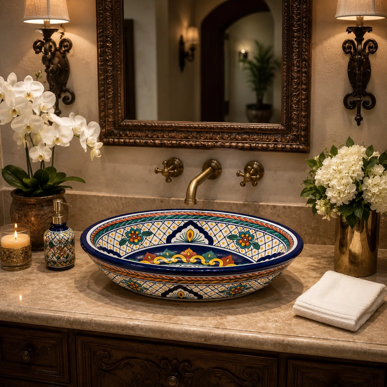 Double sided hand painted oval bathroom sink arabesque pattern in luxury bathroom interior