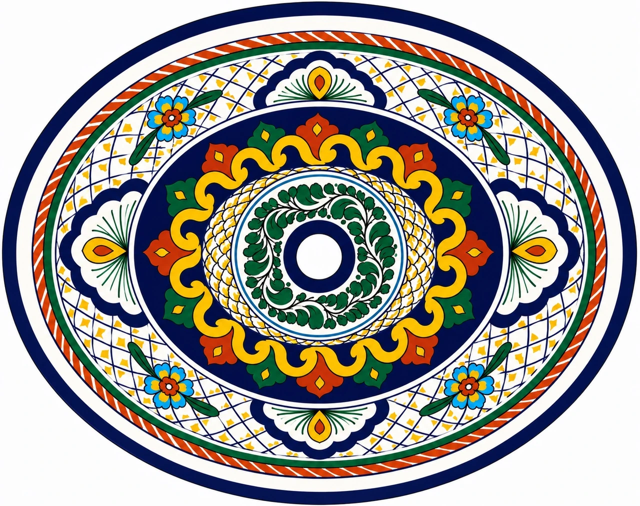 Double sided hand painted oval bathroom sink arabesque pattern overflow holes