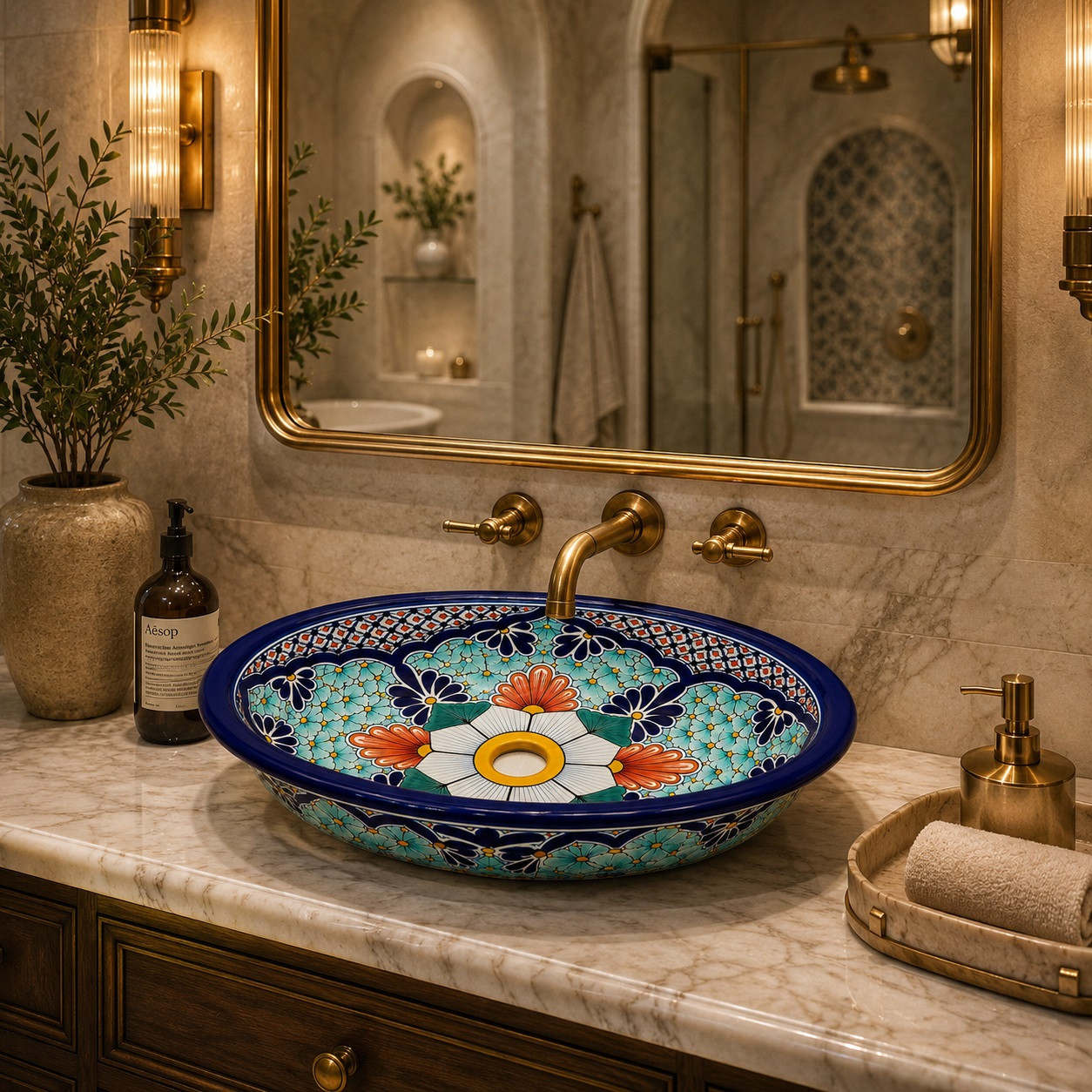 Coral floral double sided hand painted oval bathroom sink in luxury bathroom with stone vanity