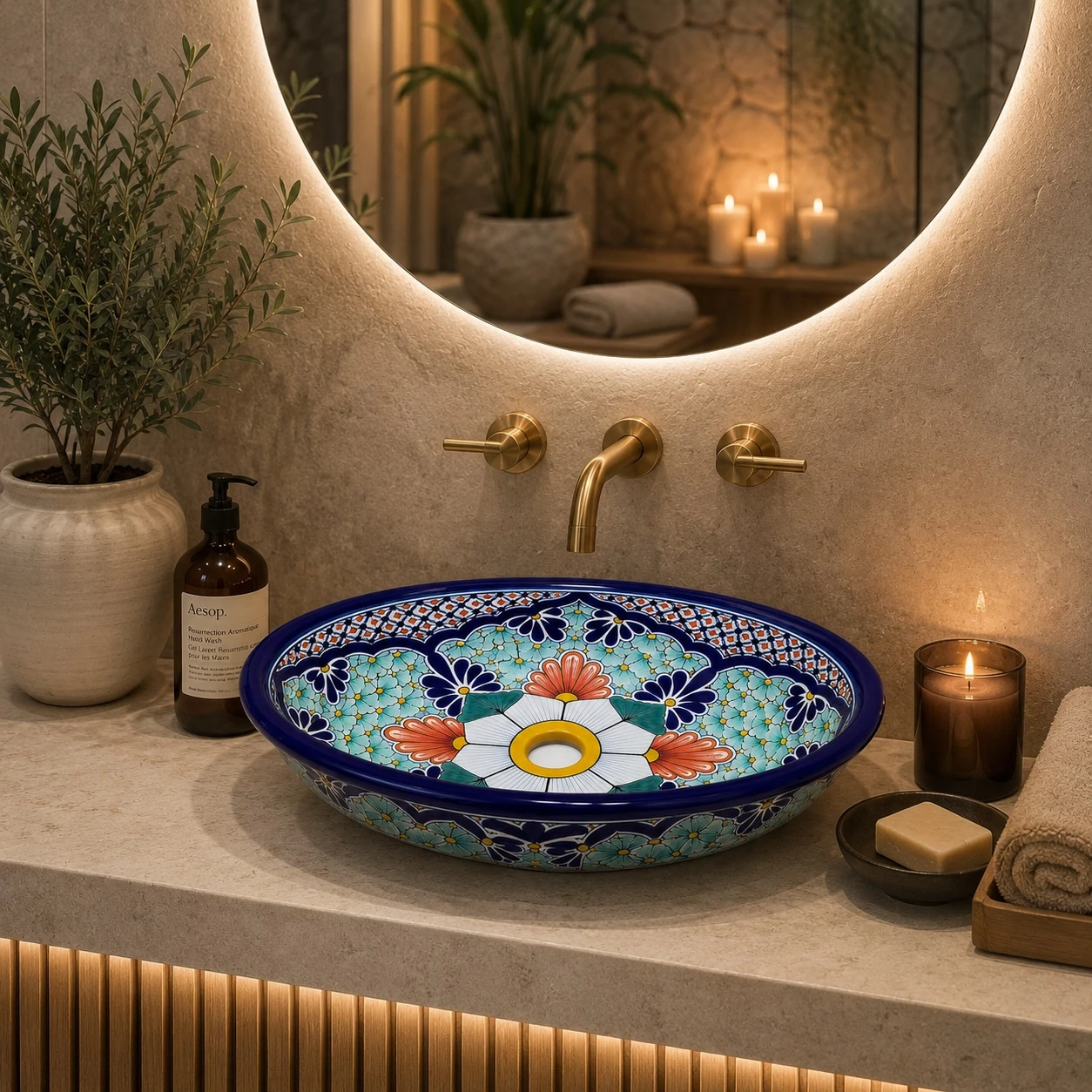 Coral floral double sided hand painted oval bathroom sink in elegant modern spa vessel setting