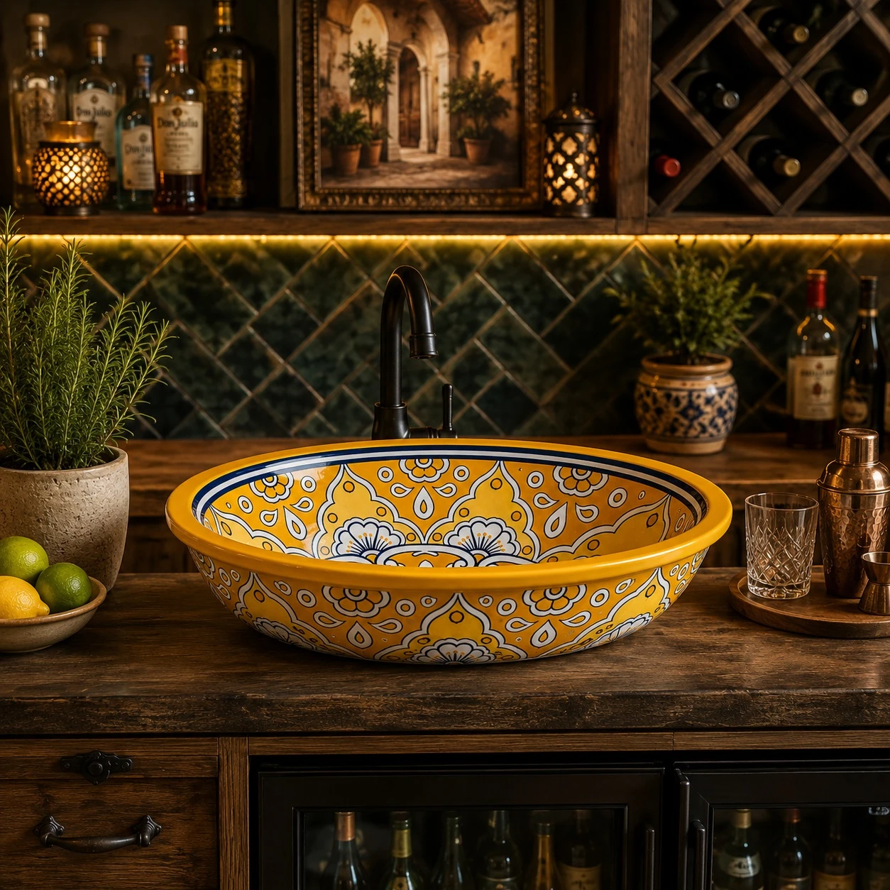 Golden floral talavera double sided hand painted oval bathroom sink in kitchen bar with artisan Mediterranean styling