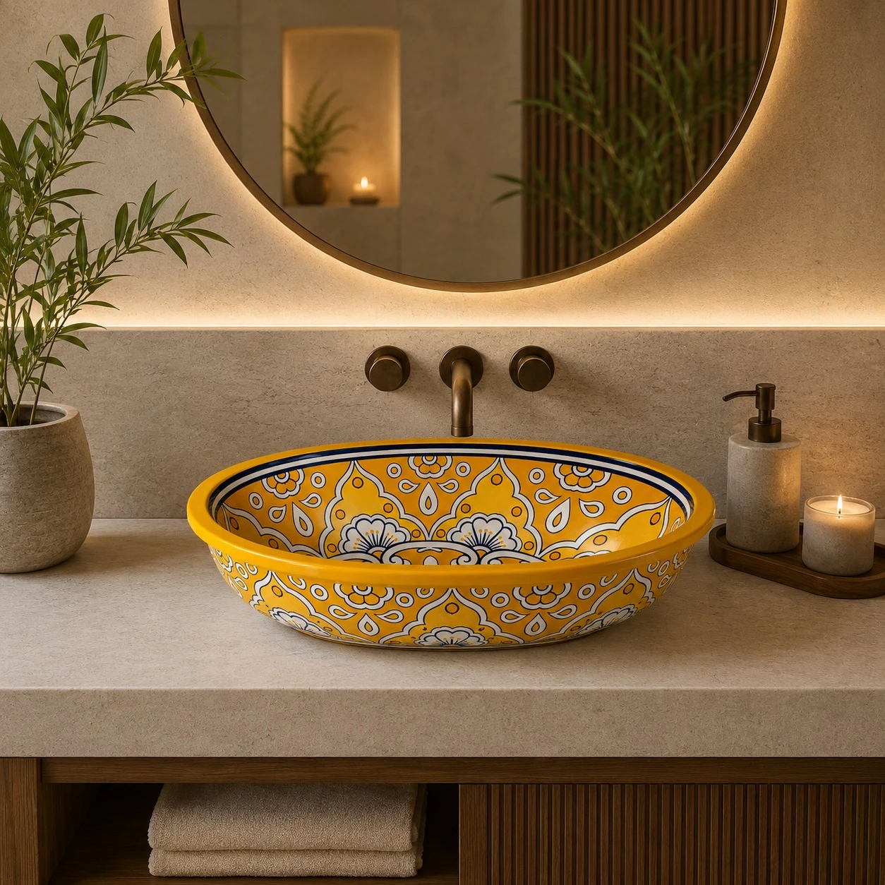 Golden floral talavera double sided hand painted oval bathroom sink in modern spa with clean stone and warm textures