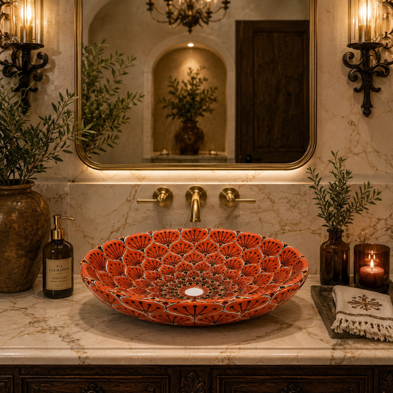 Orange petal double sided hand painted oval bathroom sink featured in a luxury bathroom interior