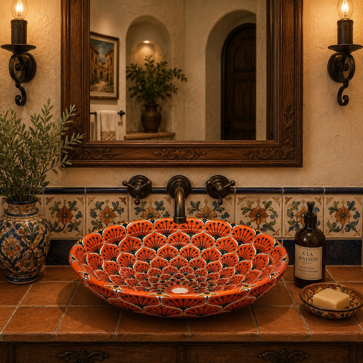 Orange petal double sided hand painted oval bathroom sink in a Spanish Revival bathroom vanity