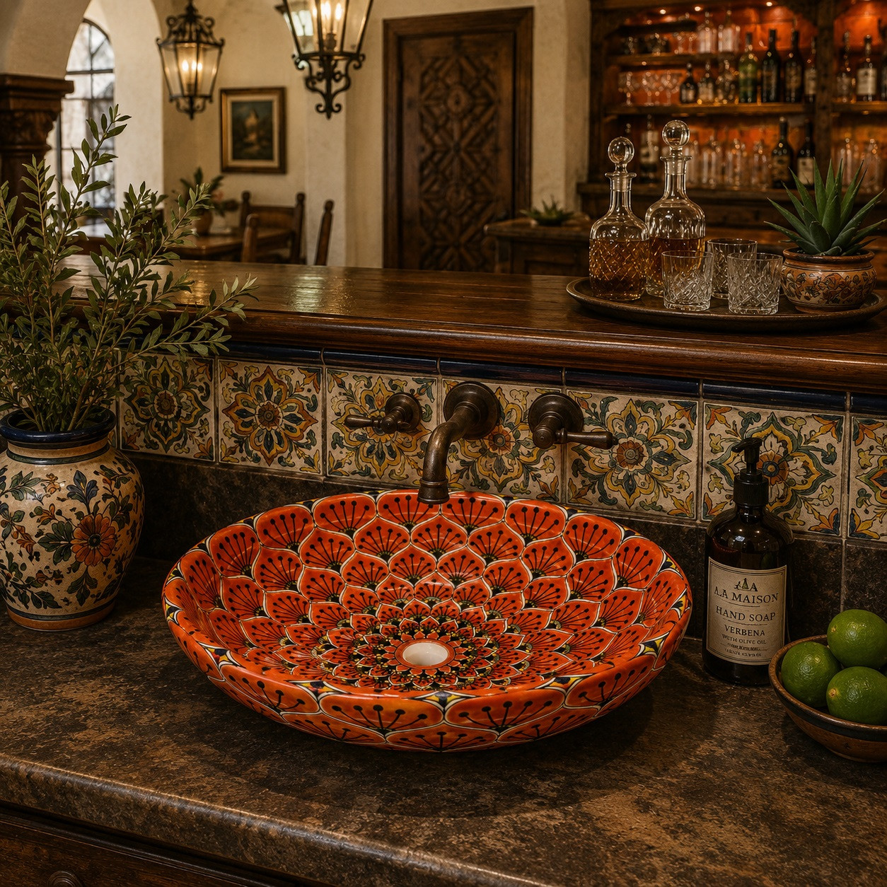 Orange petal double sided hand painted oval bathroom sink installed in a decorative kitchen bar