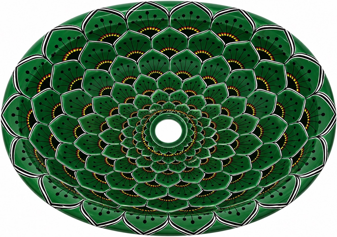 Emerald lotus double sided hand painted oval bathroom sink overflow holes