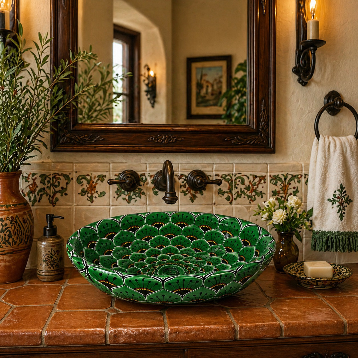 Emerald lotus double sided hand painted oval bathroom sink in a Spanish Revival vanity design