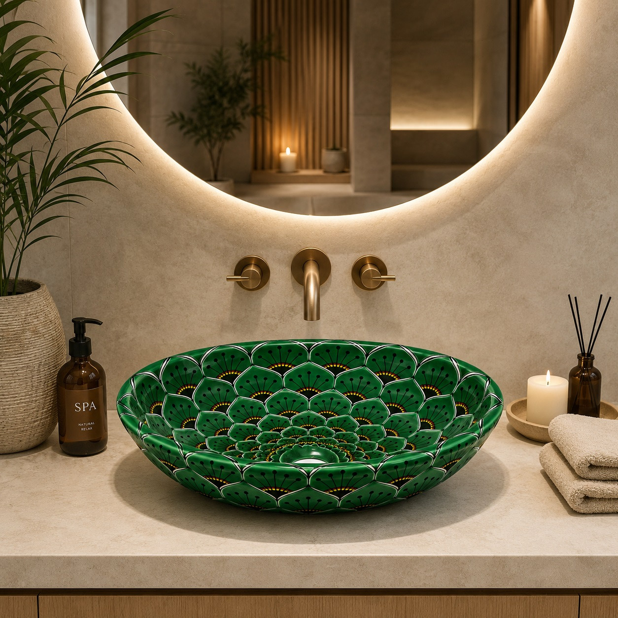 Emerald lotus double sided hand painted oval bathroom sink in a calming modern spa vanity setting