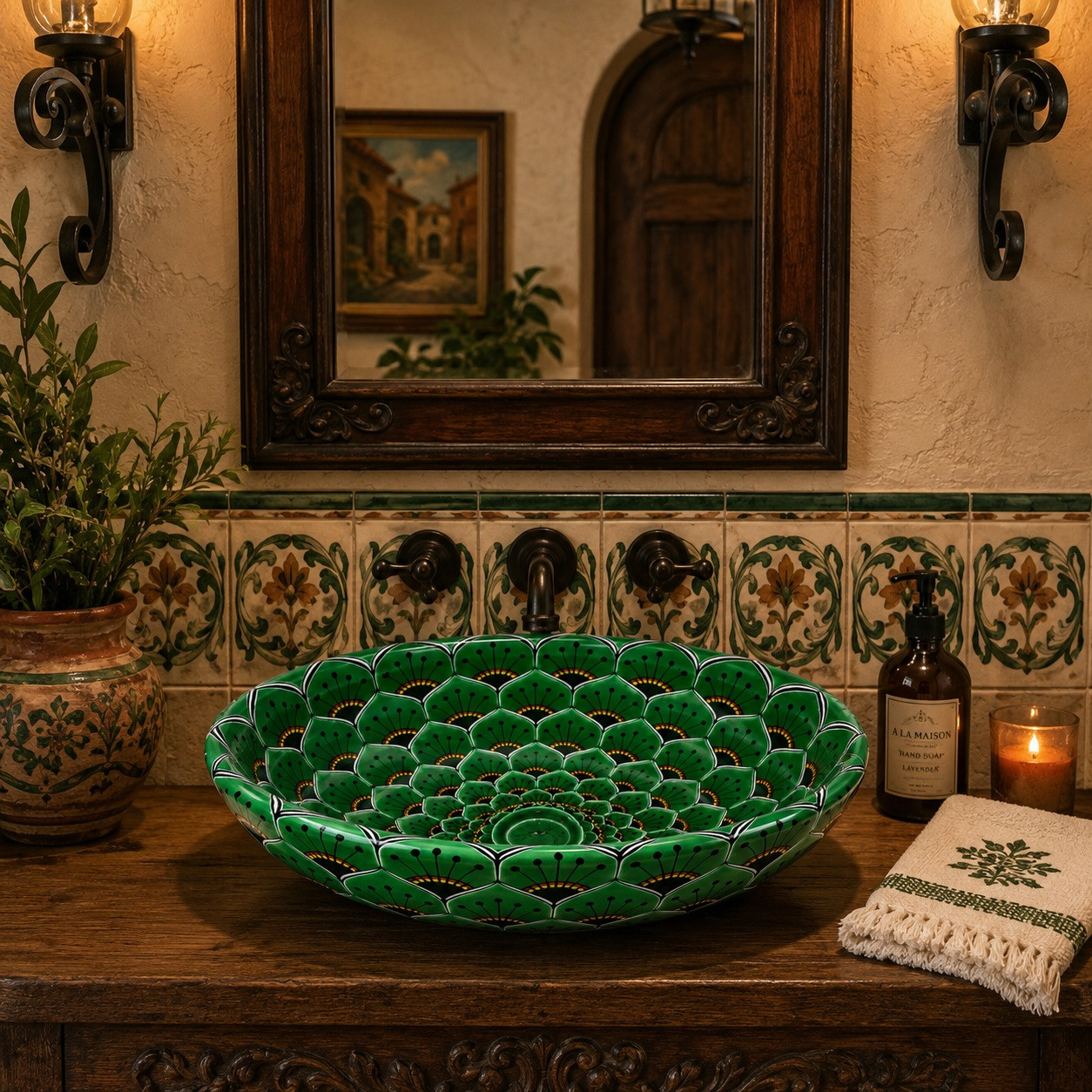 Emerald lotus double sided hand painted oval bathroom sink in a rustic hacienda powder room