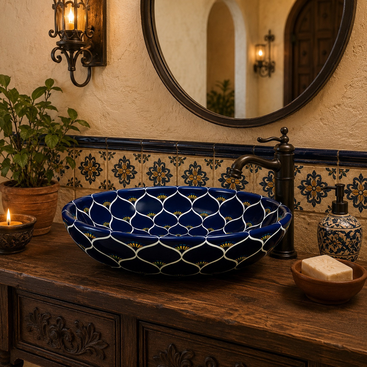 Double sided hand painted oval bathroom sink petals in Spanish Revival vanity with dark wood accents