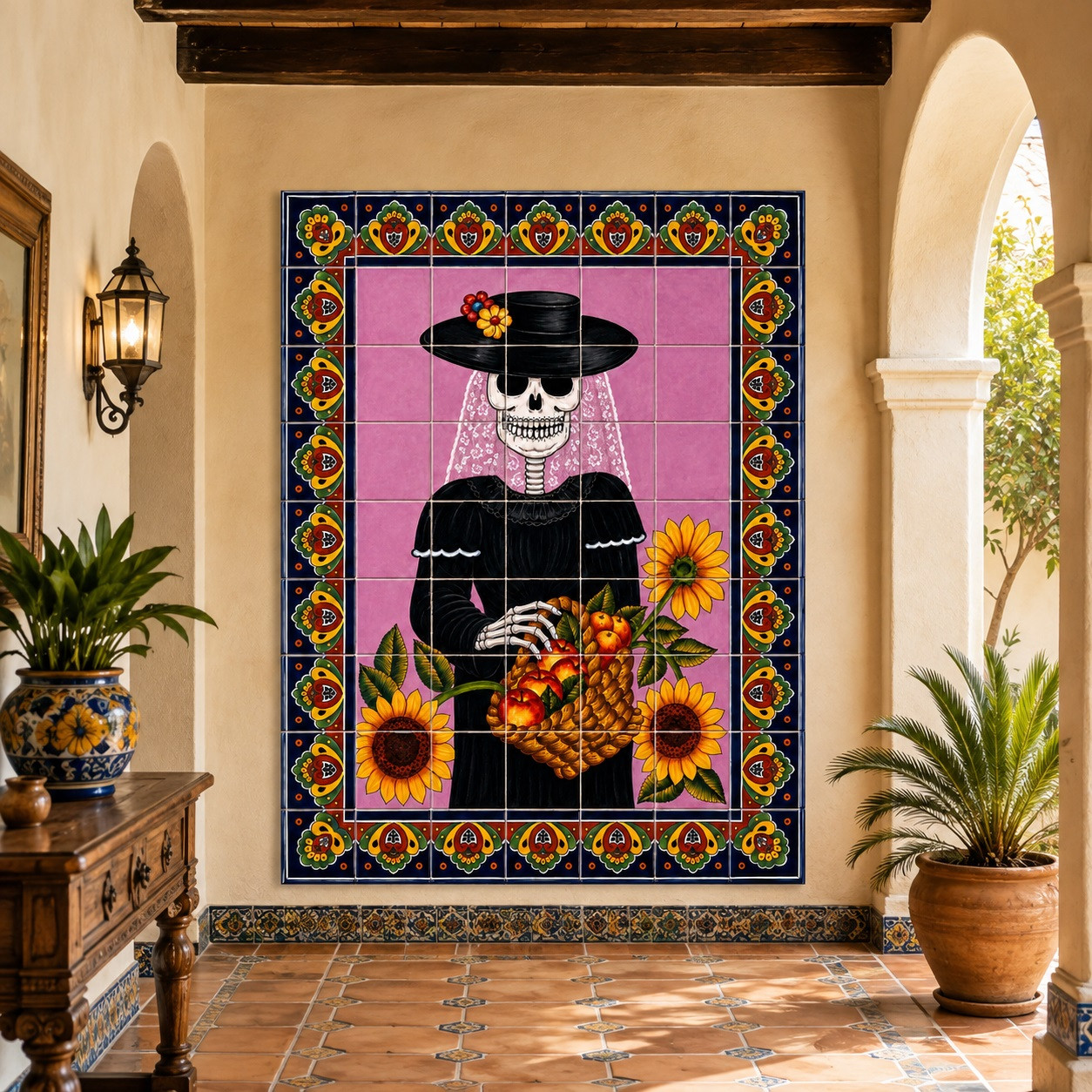 La catrina talavera tile mural in a Mediterranean hallway with arches and textured plaster walls.