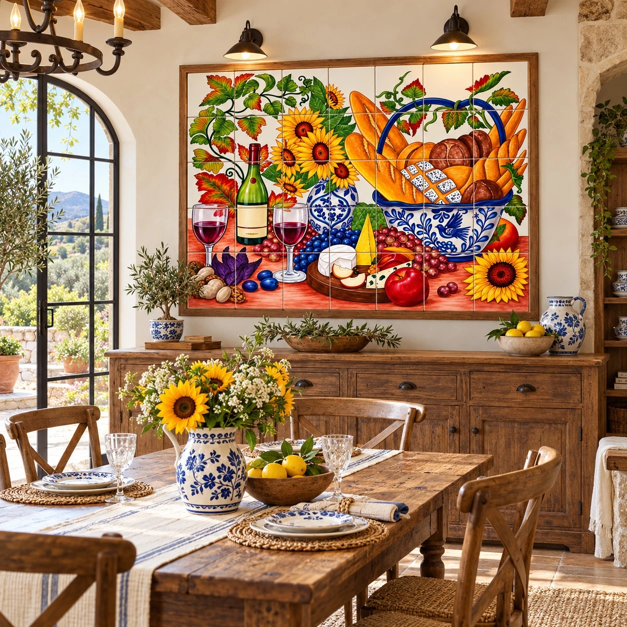 Sunflowers and bread talavera tile mural featured in a country dining room with floral decor.