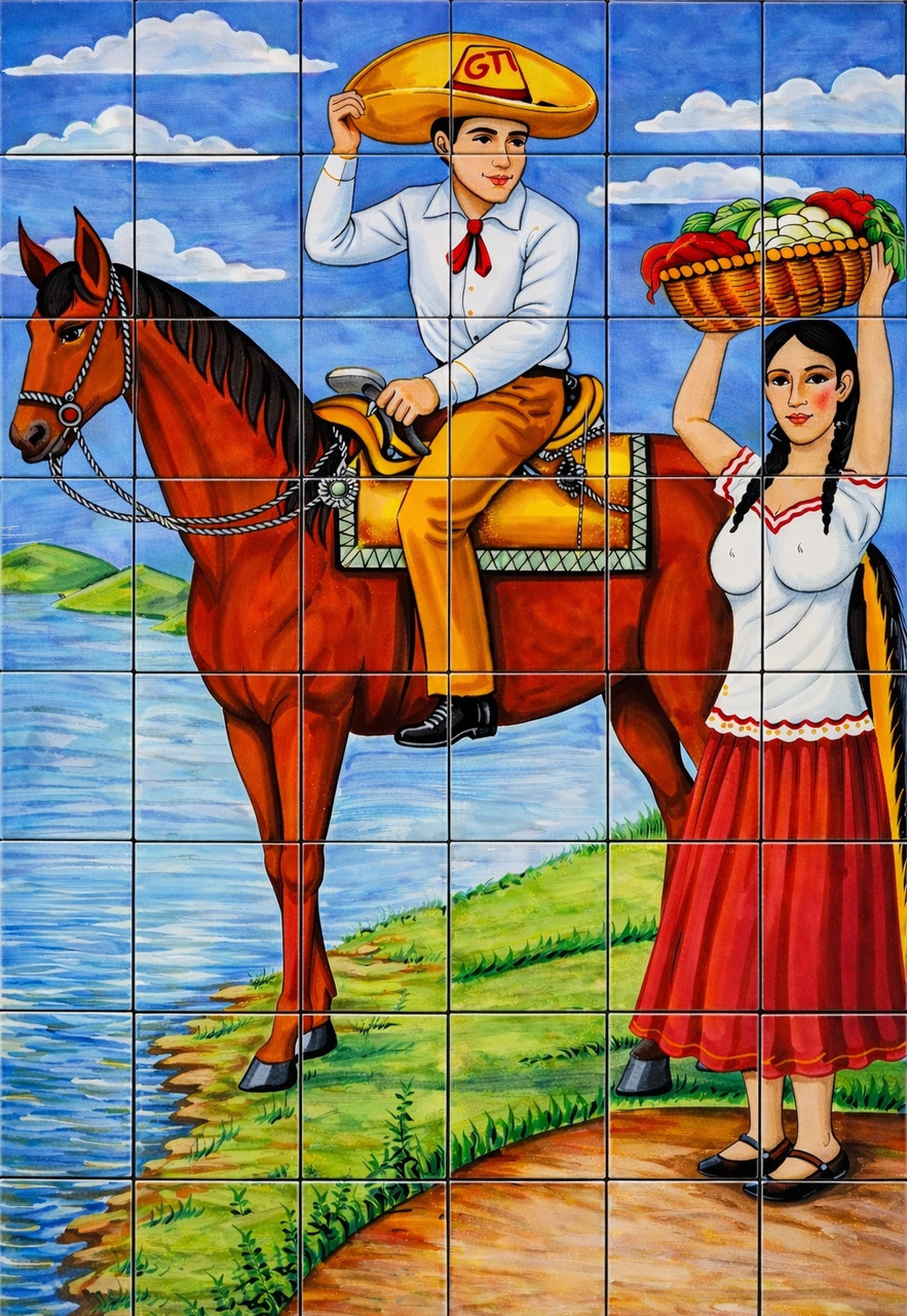 Mexican talavera tile mural charro horse rural scene