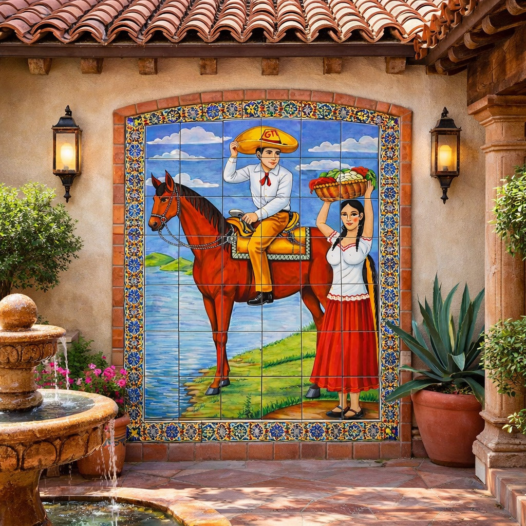 Mexican talavera tile mural charro horse rural scene decorating Spanish Revival courtyard wall with handcrafted ceramic tiles