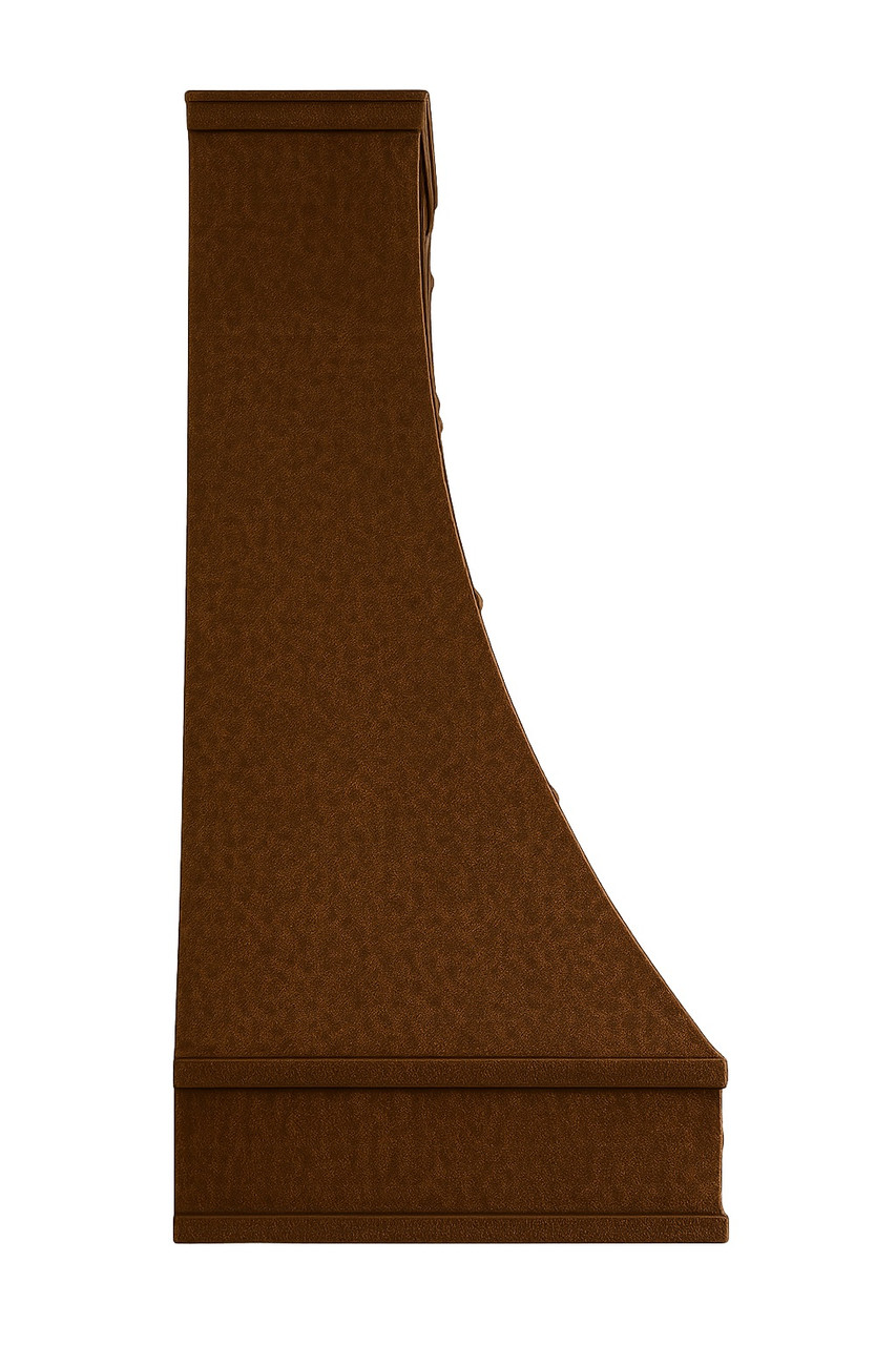 Side view of tall copper range hood with decorative apron