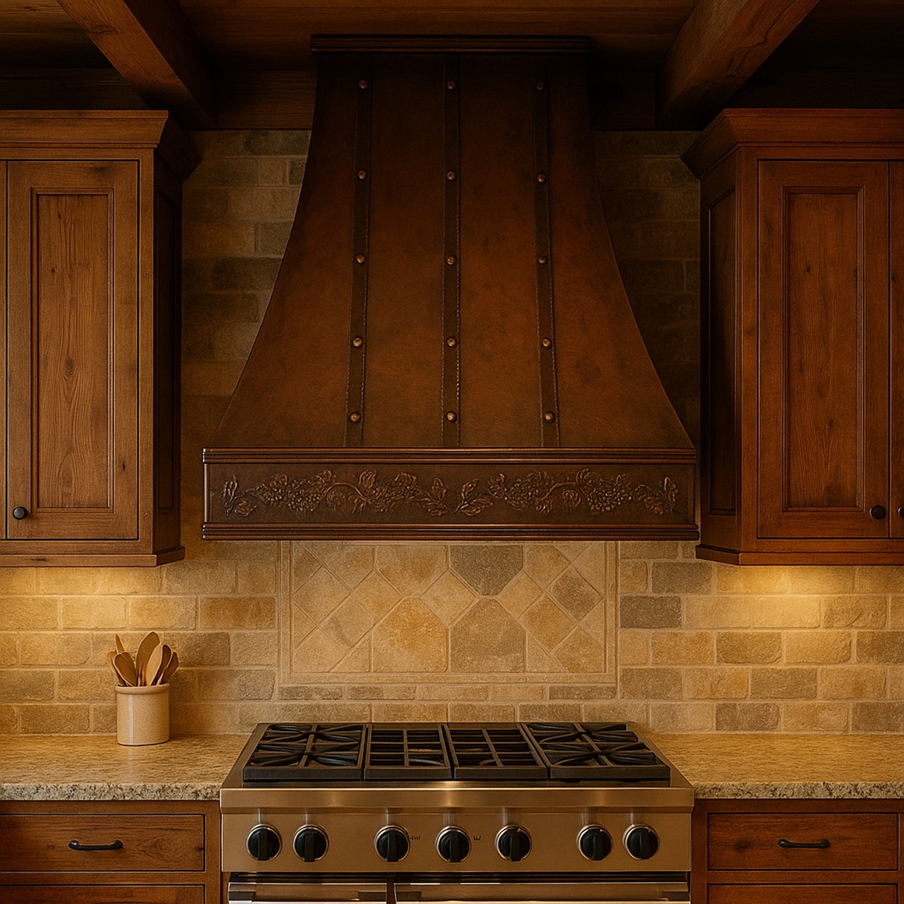 Tall copper range hood in a rustic kitchen