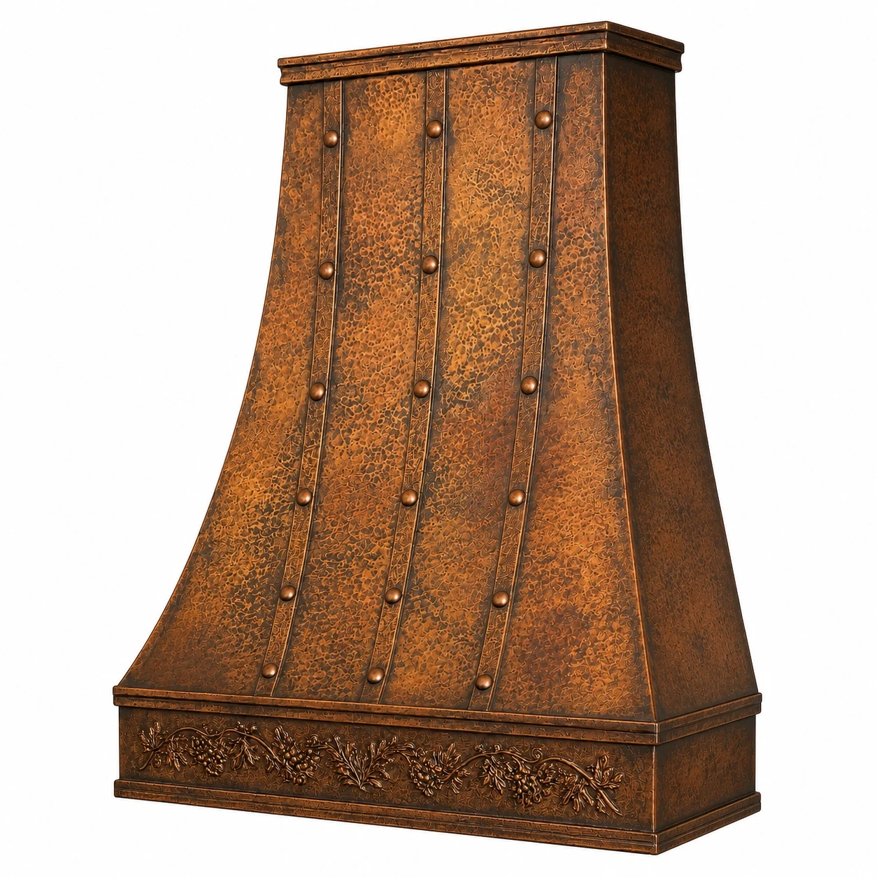 Angled view of tall copper range hood with iron straps and embossed botanical apron, highlighting depth and metalwork
