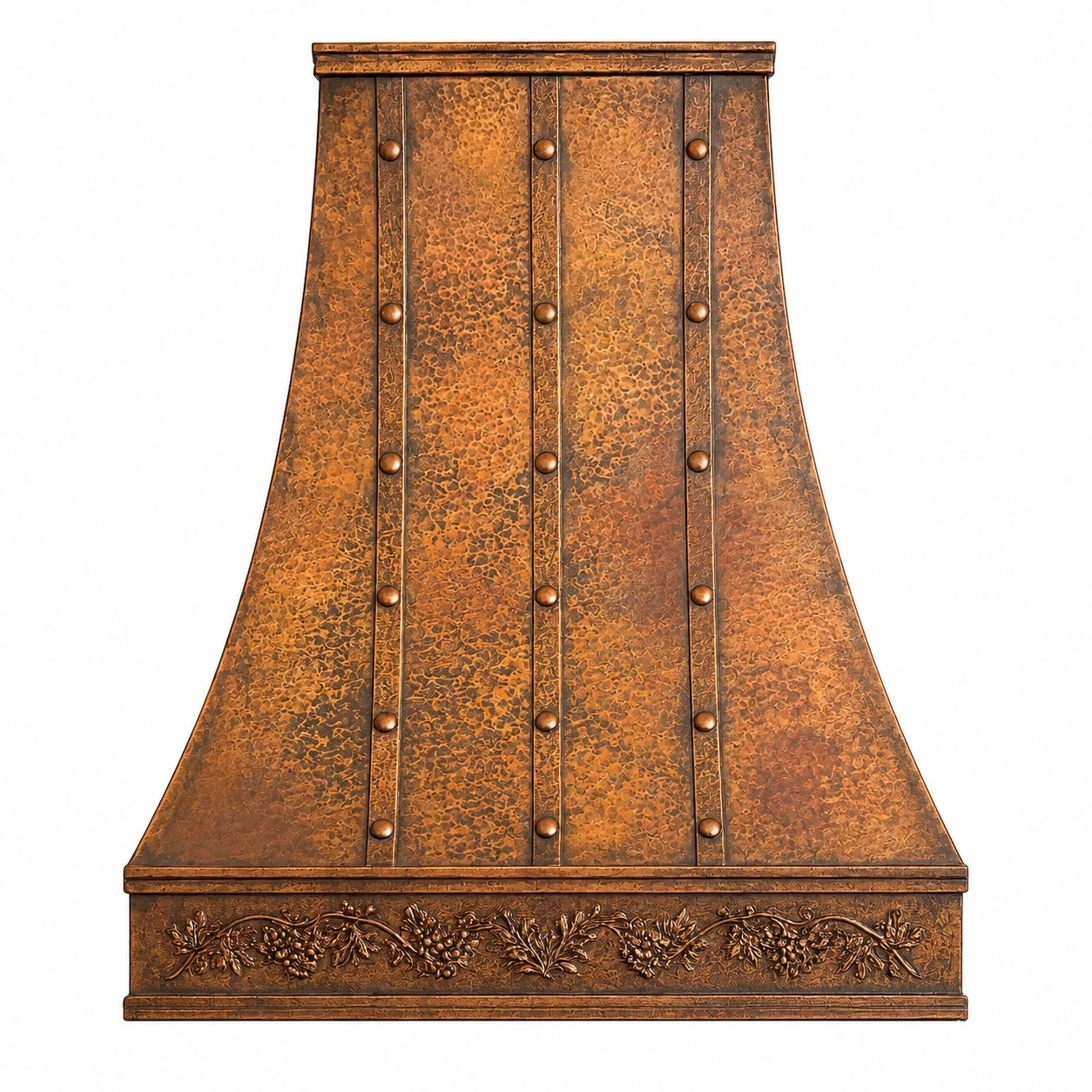 Front view of tall copper range hood with iron straps and embossed botanical apron, showing its vertical bell silhouette