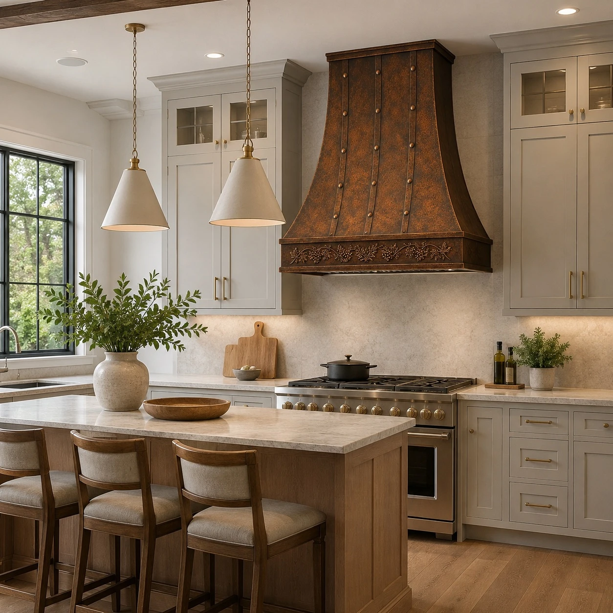 Transitional kitchen with tall hammered copper range hood, iron straps, and botanical apron