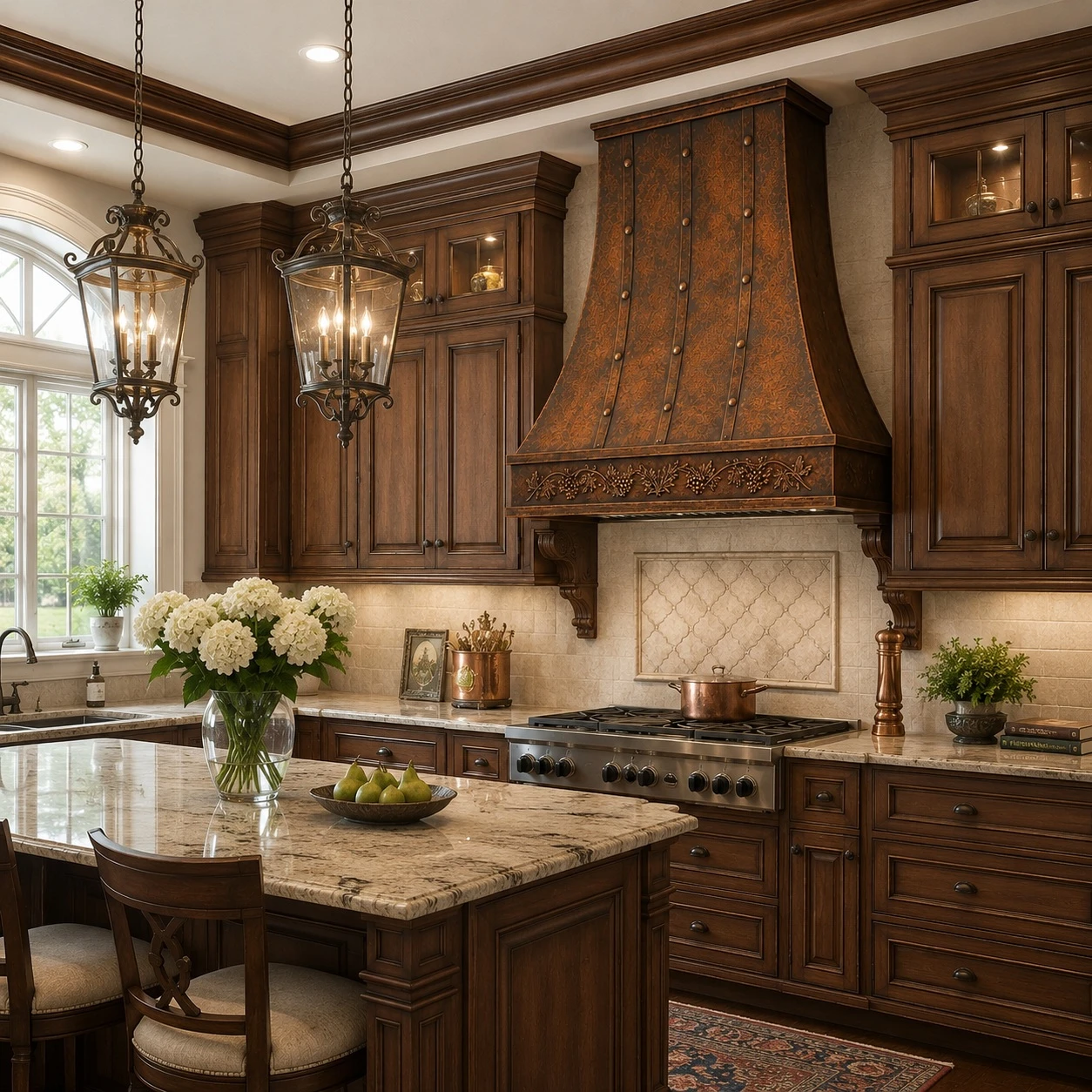 Traditional kitchen with tall hammered copper range hood, iron straps, and embossed botanical apron