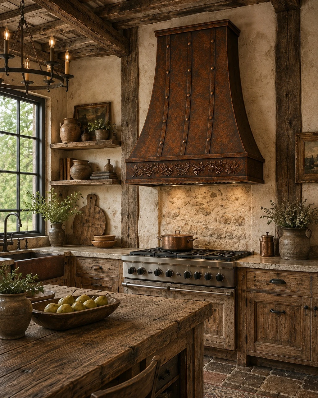 Rustic kitchen with tall hammered copper range hood, dark iron straps, and botanical apron
