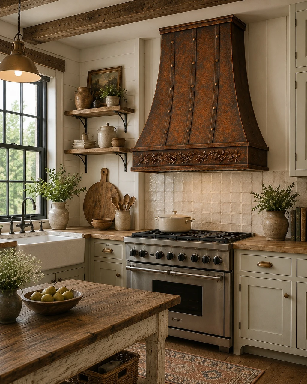 Farmhouse kitchen with tall hammered copper range hood, iron straps, and floral botanical apron