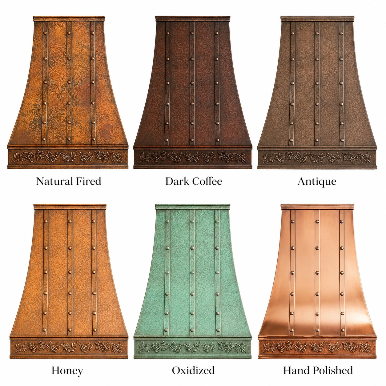 Copper finish options for tall hammered range hood with iron straps and botanical apron
