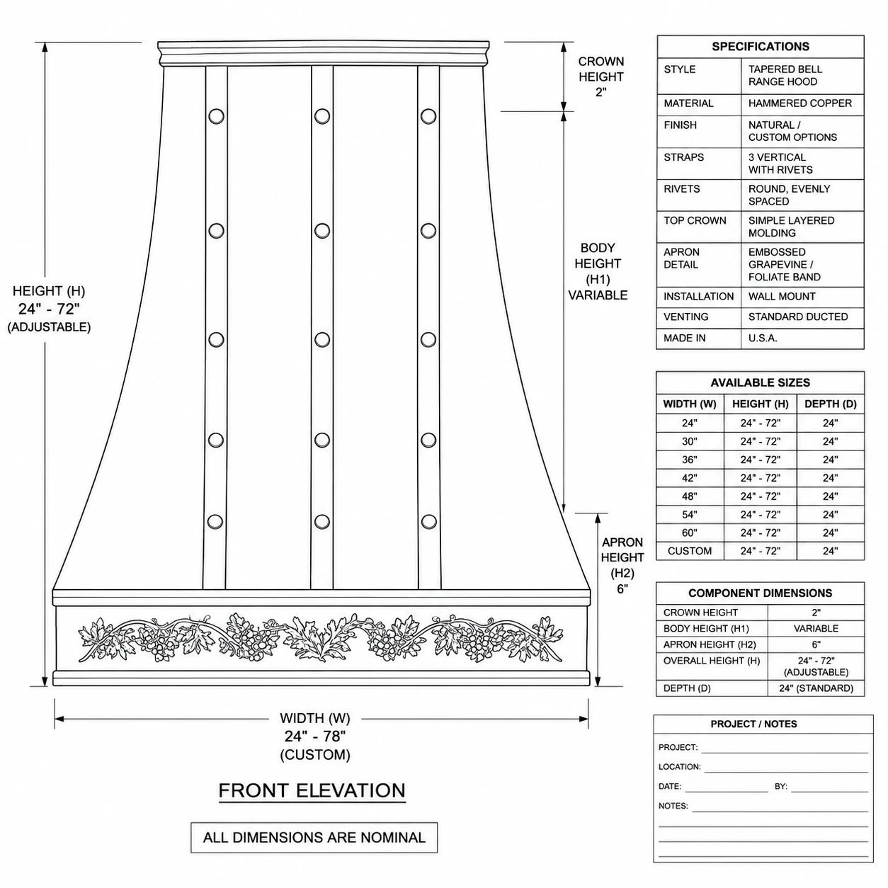 Proportional drawing of tall hammered copper range hood with iron straps and botanical apron