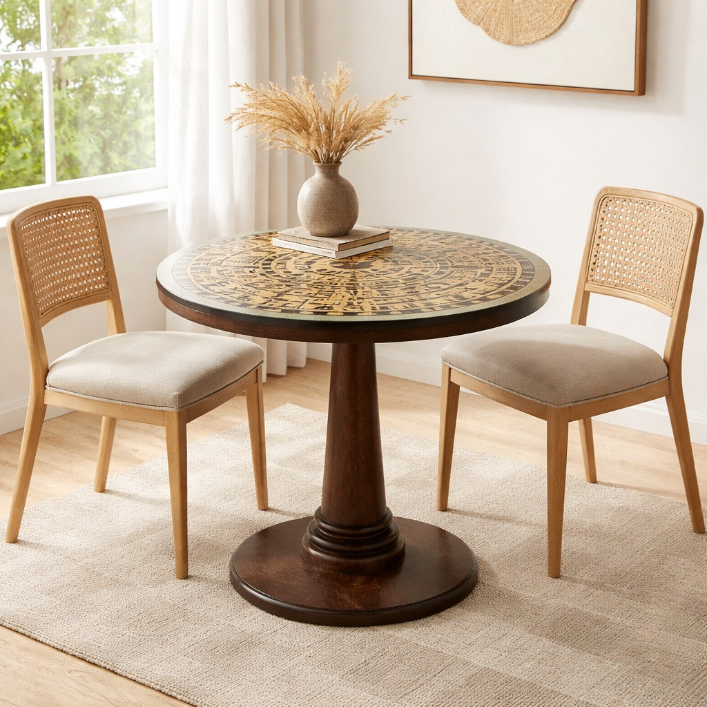 30-inch round wood Aztec calendar used for a bistro tabletop with wooden stand