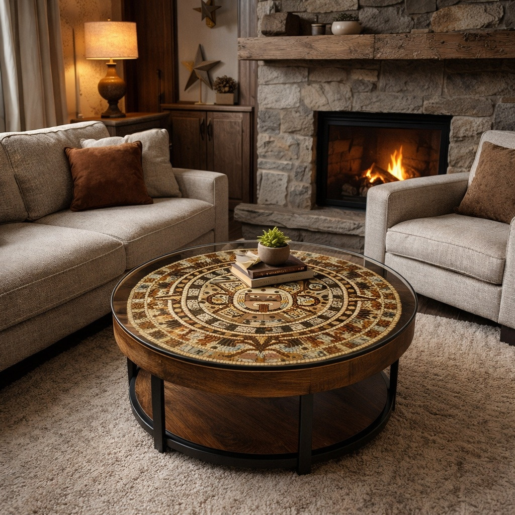 24-inch round wood Aztec calendar as a coffee table in a living room